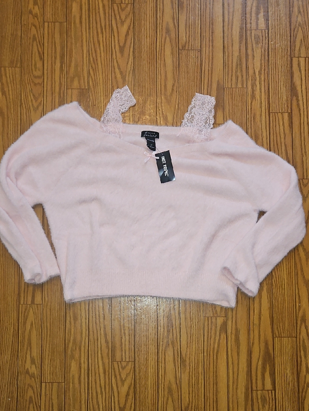 Sweet Society Pink Fuzzy Lace-Trim Off-Shoulder Sweater - Hot Topic